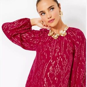 NWT LILLY PULITZER SIZE Large NORALEEN SILK TOP *MALBEC RED* METALLIC $198